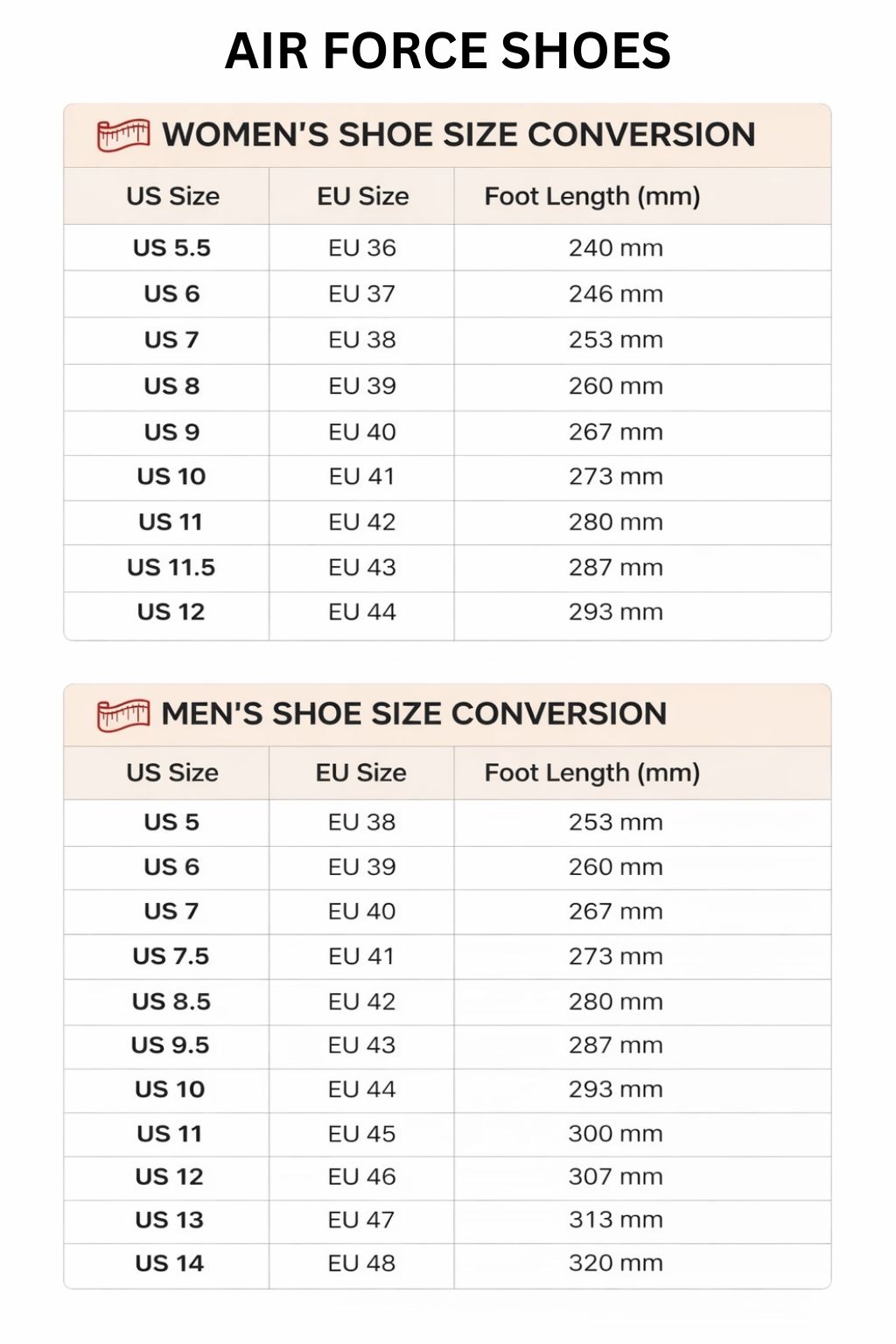 Air Force Shoes Size Chart - Dragon Ball Z Gifts