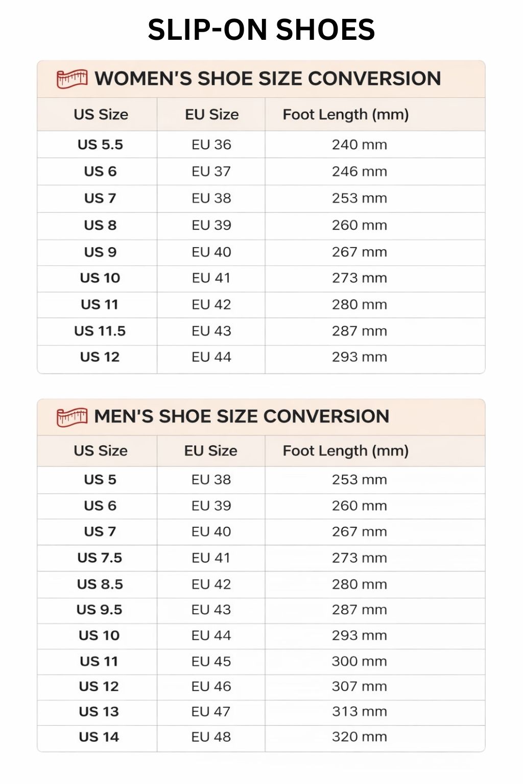 Slip On Shoes Size Chart - Dragon Ball Z Gifts