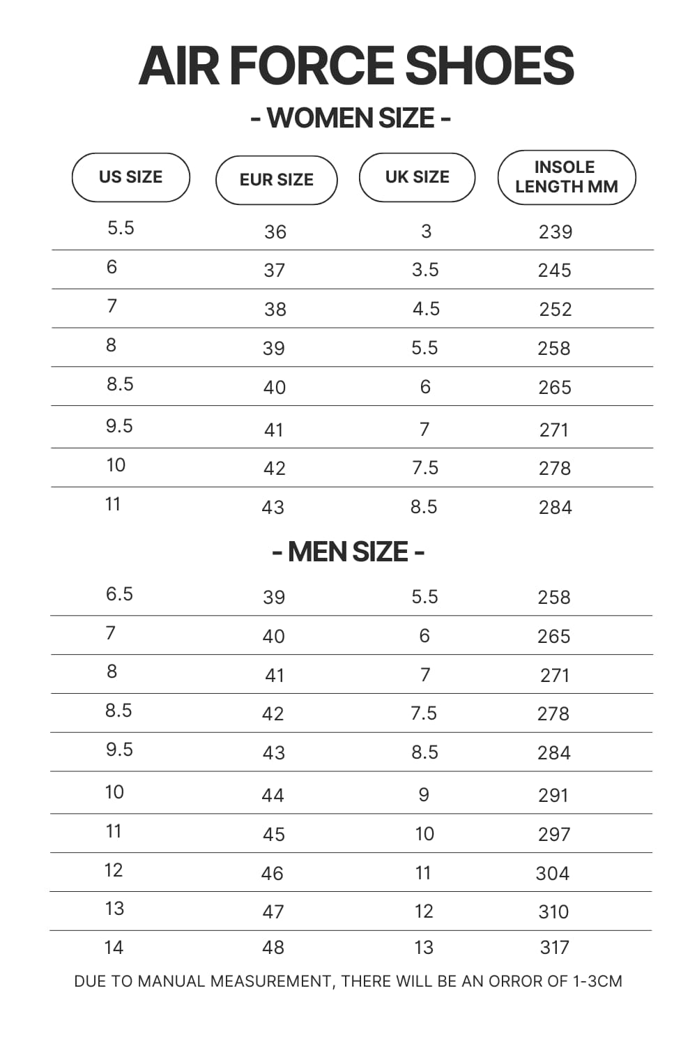 Air Force Shoes Size Chart - Dragon Ball Z Gifts