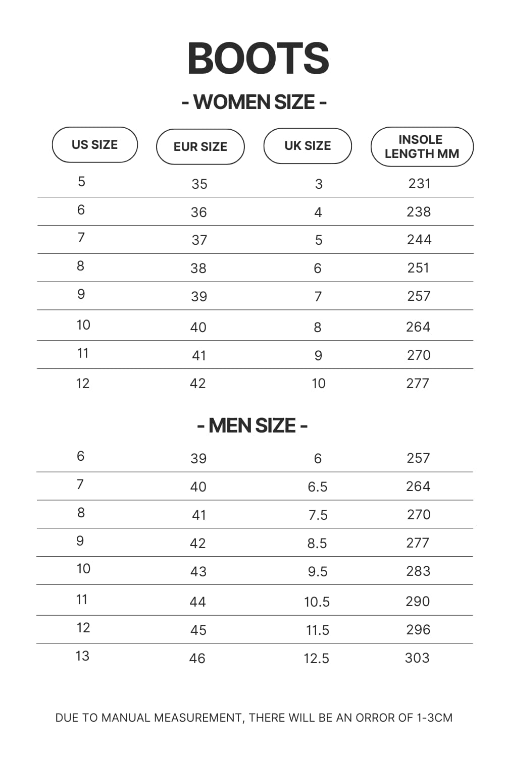 Boots Size Chart - Dragon Ball Z Gifts