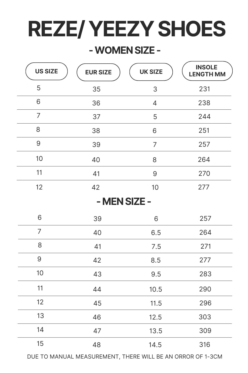 Reze Yeezy Shoes Size Chart - Dragon Ball Z Gifts