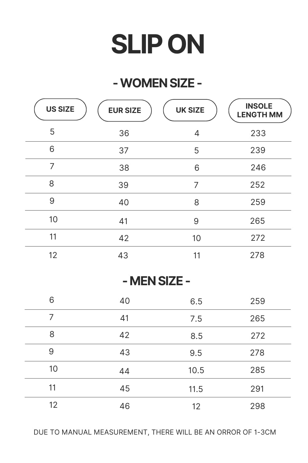 Slip On Size Chart - Dragon Ball Z Gifts