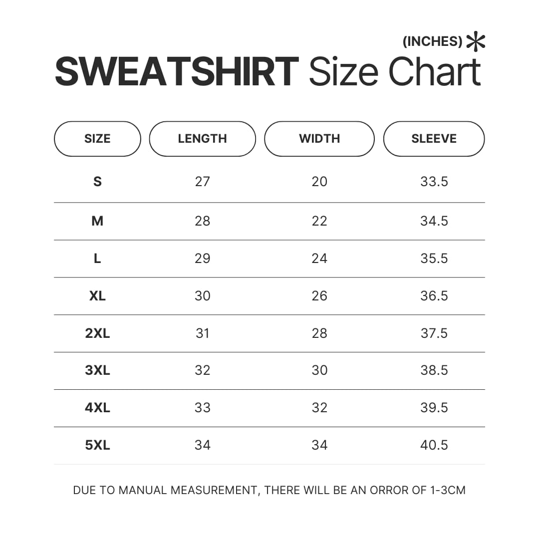 Sweatshirt Size Chart - Dragon Ball Z Gifts