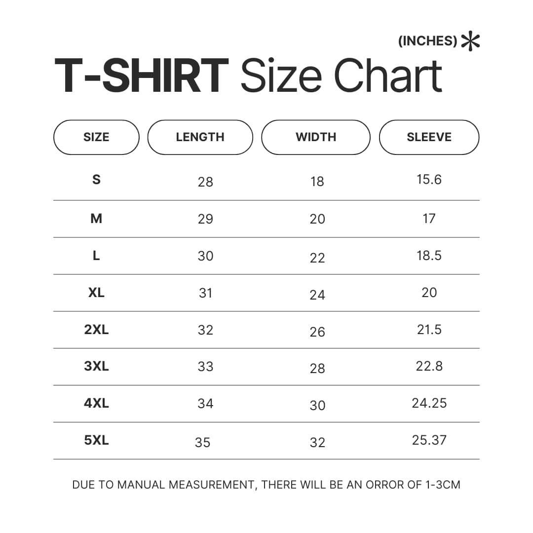 T shirt Size Chart - Dragon Ball Z Gifts